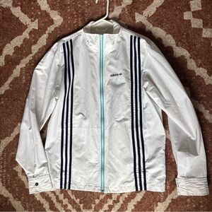 Adidas White Track Jacket with Black Stripes and Blue Zipper